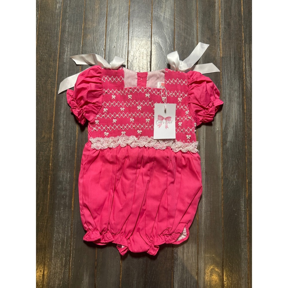 Carter's Closet Baby Girl Hot Pink Smocked Bubble Romper Pearl Lace Bows